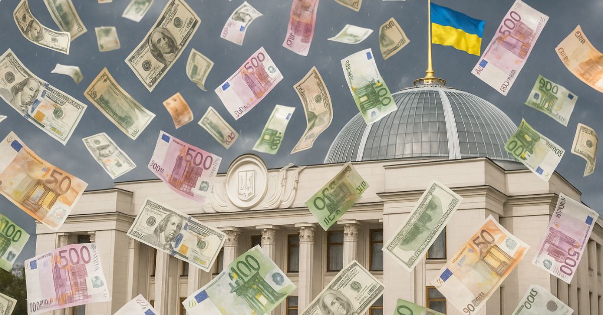 Devant le Parlement ukrainien surmonté du drapeau national, des billets d’euros et de dollars tombent du ciel, symbolisant la corruption politique et le détournement de fonds publics au cœur de la guerre d’usure entre l’Ukraine et la Russie.
