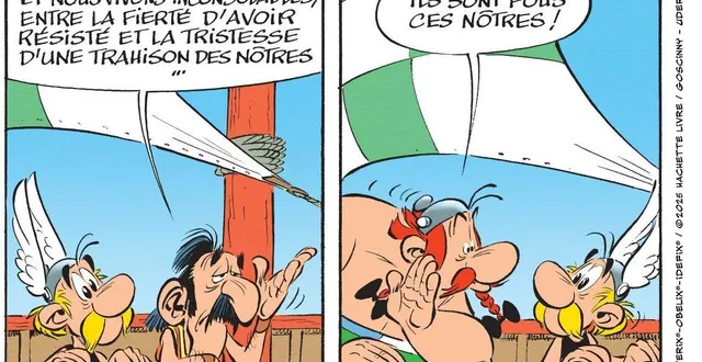 photo  deux cases extraites d’astérix en lusitanie. boulquiès est venu chercher l’aide d’astérix et obélix.  ©  photo : astérix © – obélix © – idéfix © / © 2025 hachette livre / goscinny – uderzo