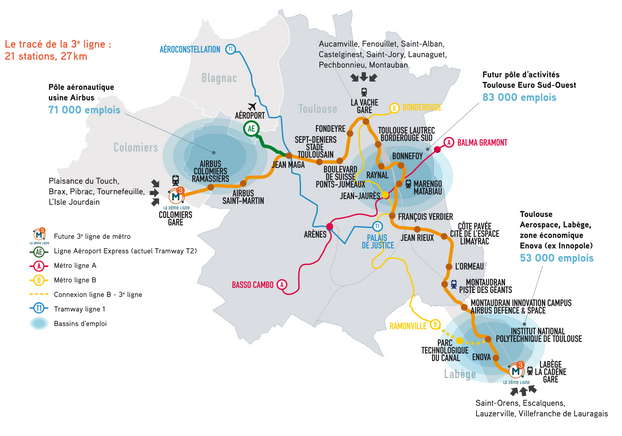 Le tracé de 3e ligne du métro de toulouse (27 km) qui doit relier Labège à Toulouse à l'horizon 2028. DR Toulouse Métropole 