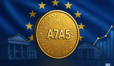 Drapeau de l’Union européenne en arrière-plan et pièce numérique symbolisant le stablecoin A7A5, représentant la régulation des cryptomonnaies en Europe.