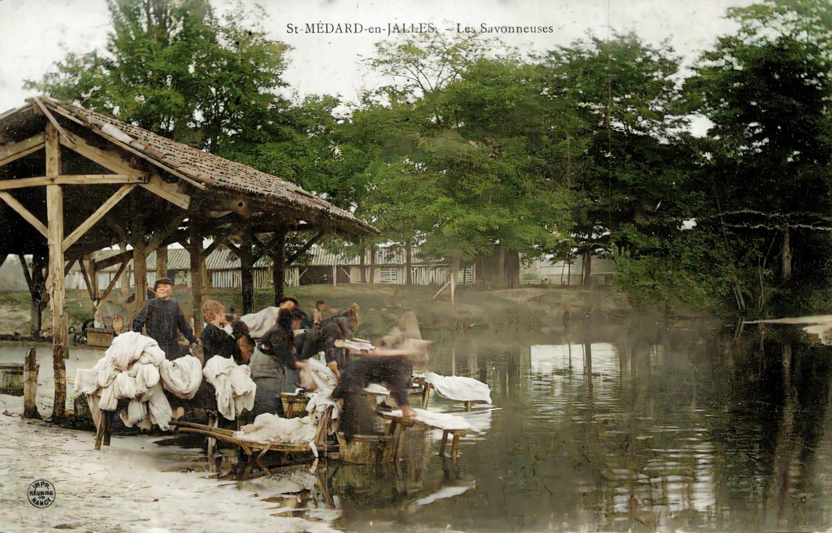 Scène de blanchisseuses lavant le linge dans les eaux de la jalle.