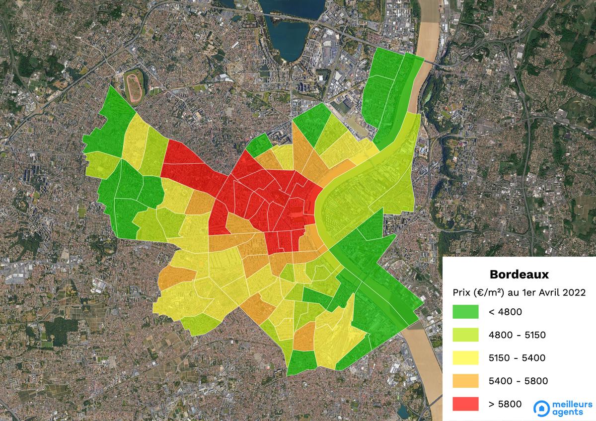 Carte des prix du mètre carré à Bordeaux.
