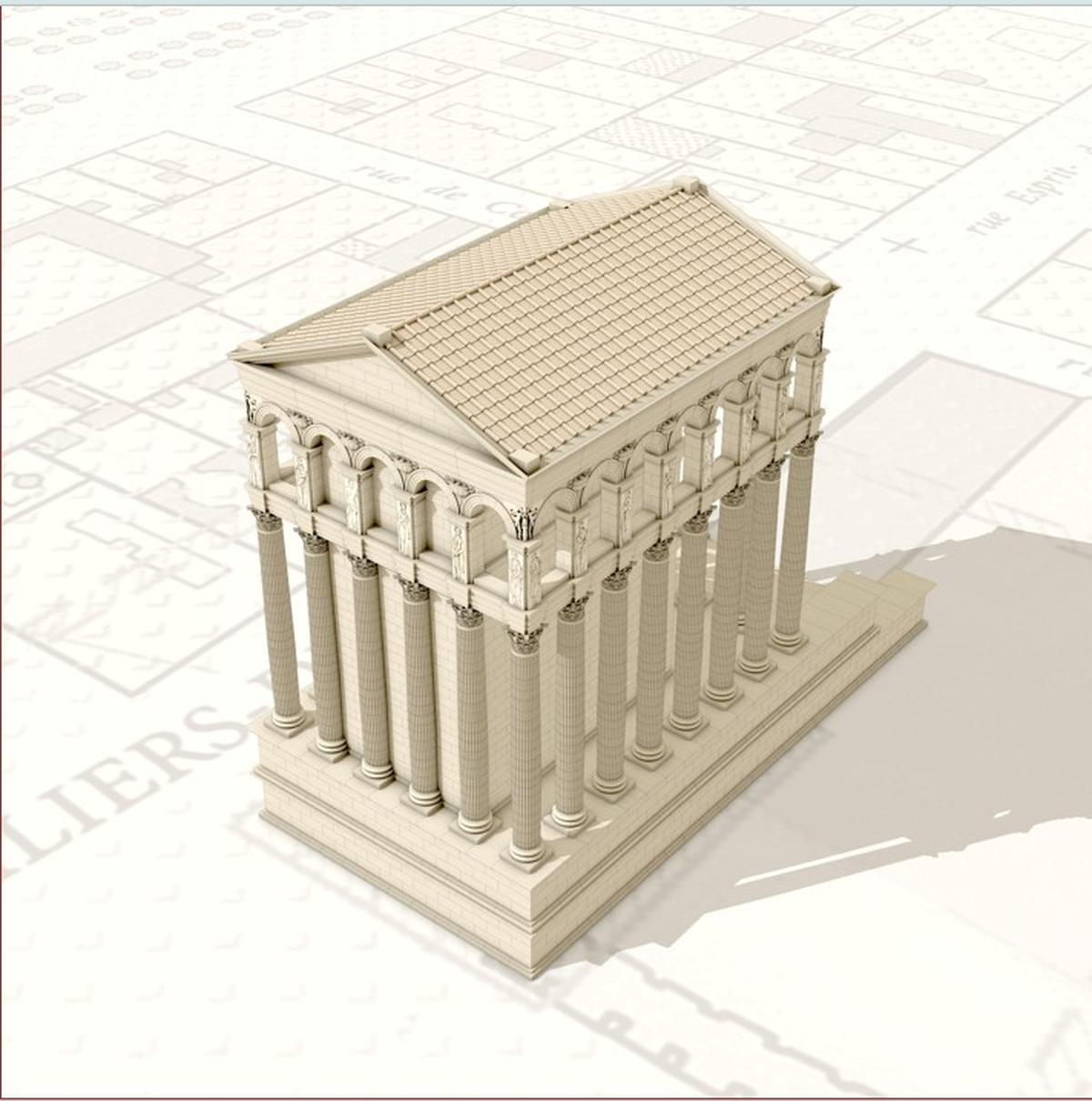 Les Piliers de Tutelle reconstitués par les chercheurs de l’Iraa. Cet imposant temple gallo-romain a longtemps dominé l’actuelle place de la Comédie, juste à côté du Grand-Théâtre, avant sa destruction en 1677.