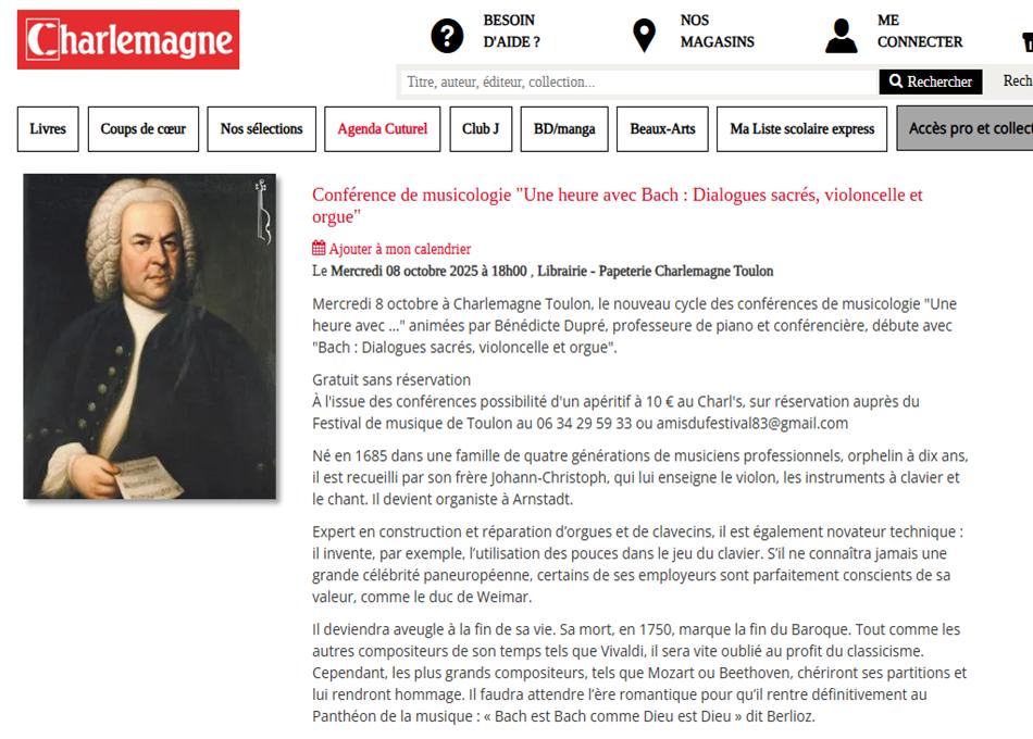 TOULON : Conférence de musicologie "Une heure avec Bach : Dialogues sacrés, violoncelle et orgue"