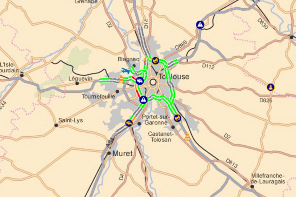 Un bouchon est signalé aux portes de Toulouse, au sud-est de Toulouse, mardi 28 octobre 2025.