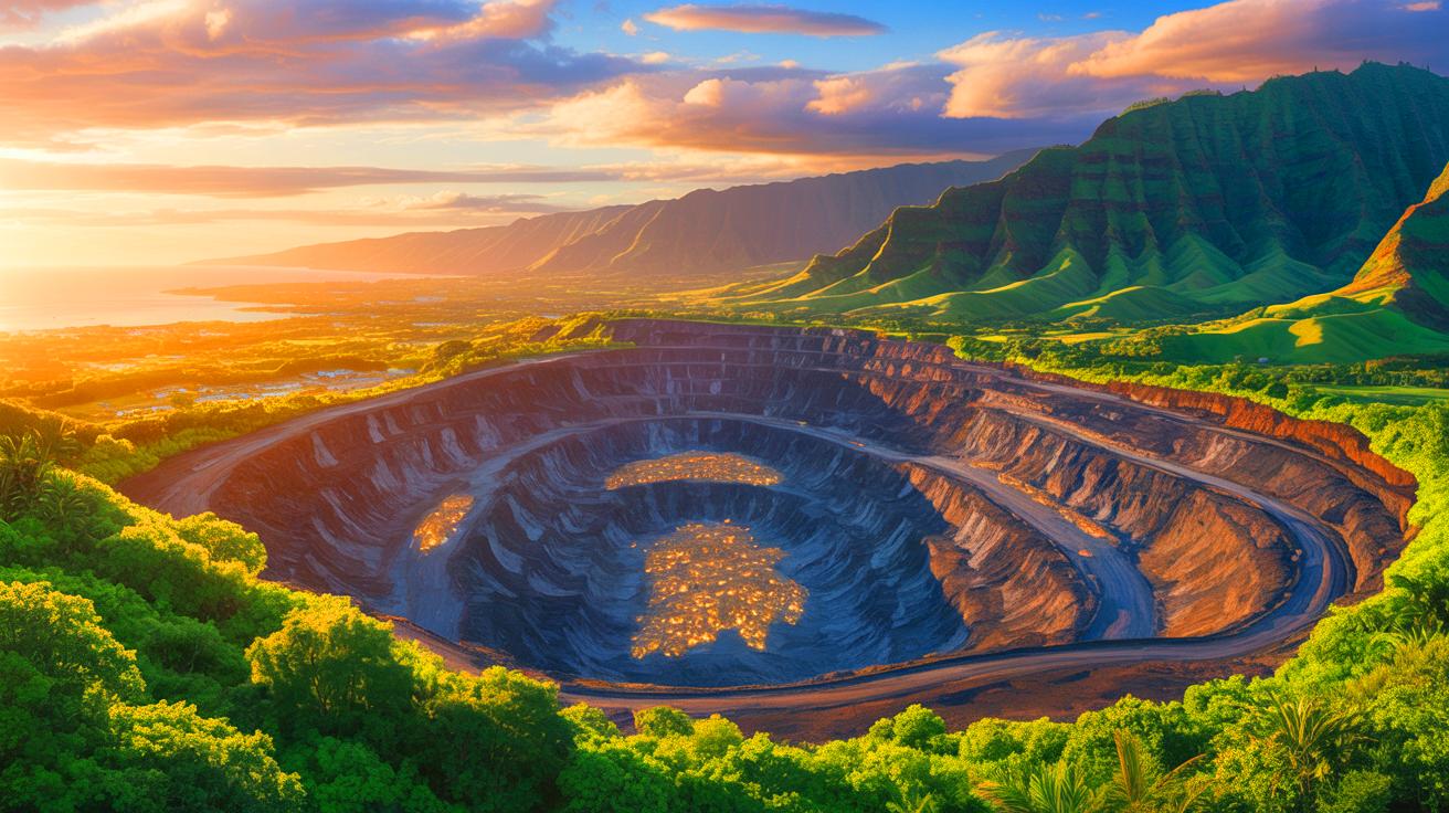 Illustration de la découverte d'un gisement d'or colossal à Hawaï.
