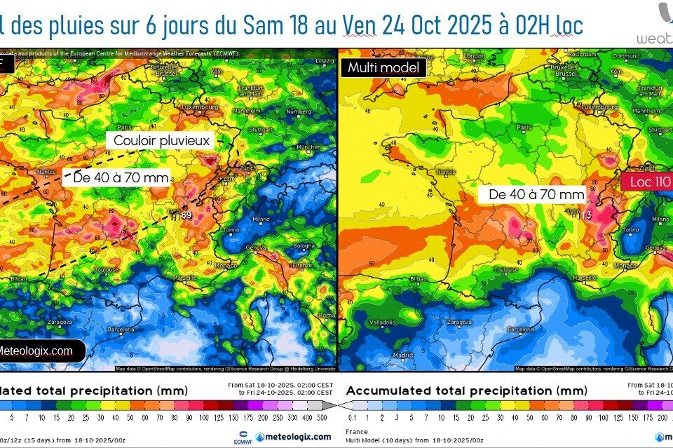 Cumuls de pluie attendus du samedi 18 au vendredi 24 octobre 2024.