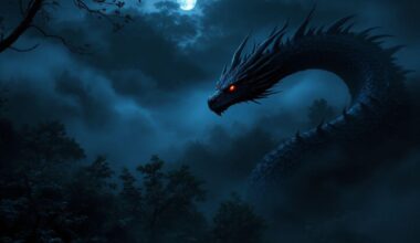 Dragon sombre avec des yeux rouges sous un clair de lune