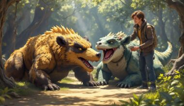 Deux créatures féroces face à face avec un jeune aventurier