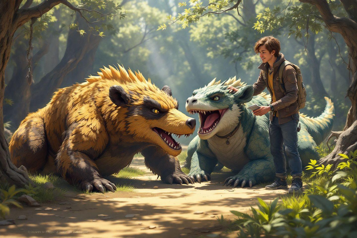 Deux créatures féroces face à face avec un jeune aventurier