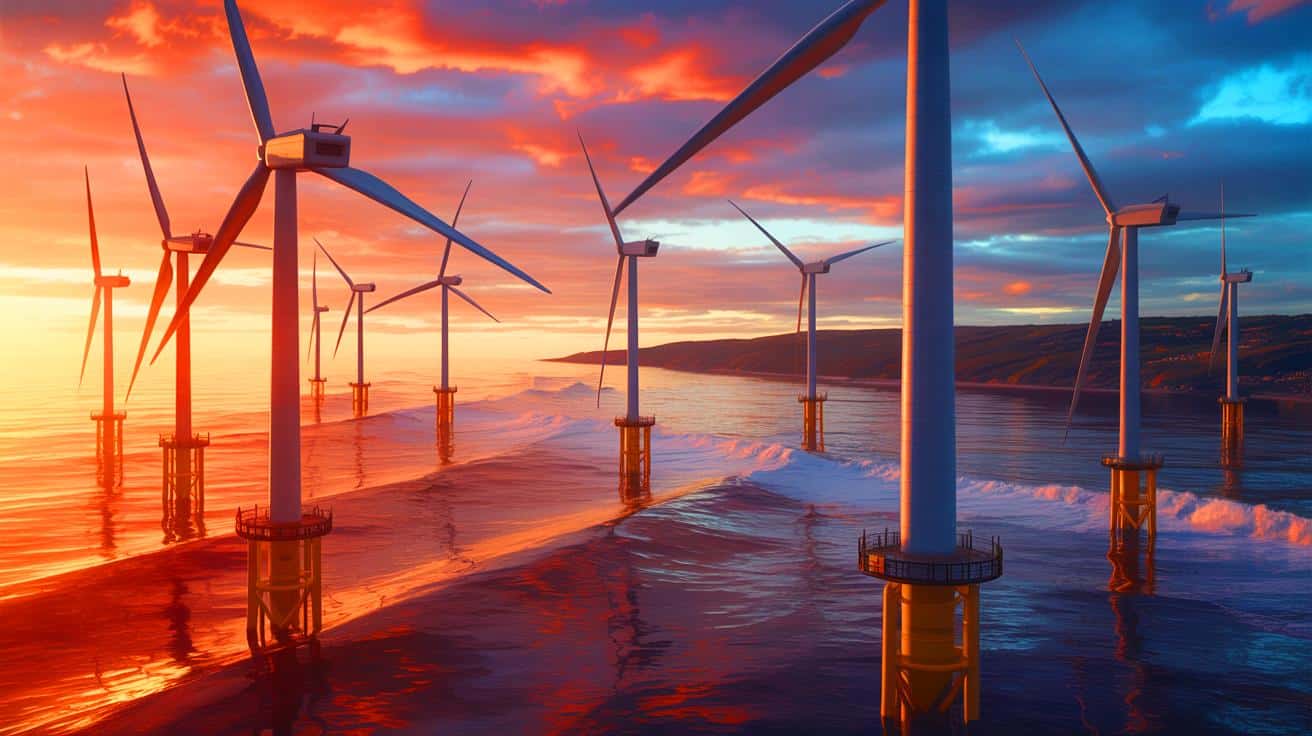 Illustration de la construction de sous-stations électriques pour le raccordement de parcs éoliens en mer.