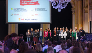 Les lauréats du budget participatif 2025 entourés de Anne Hidalgo.