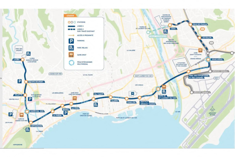 Voici le tracé de la ligne 4 du tramway de Nice.