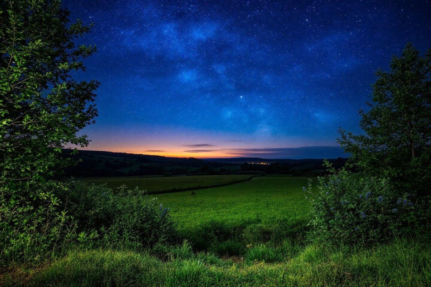 Ciel bleu nuit avec champ vert et horizon doré