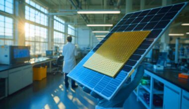 Illustration de l'un des chercheurs tenant la nouvelle cellule solaire.