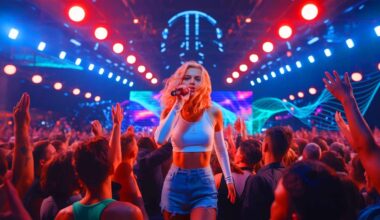 Illustration de Taylor Swift lors d'un concert, au cœur d'une polémique sur l'utilisation de l'intelligence artificielle dans ses vidéos.