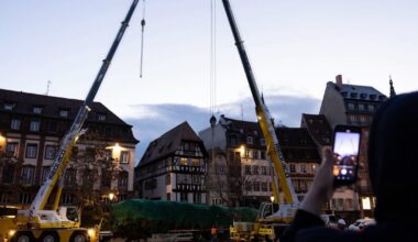 Marché de Noël de Strasbourg. Le grand sapin est arrivé place Kléber pour son installation