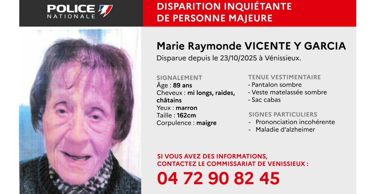 Métropole de Lyon. La police lance un appel à témoins après la disparition d’une vieille dame de 89 ans