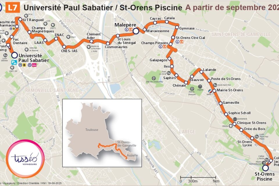 Voici le tracé du bus Linéo 7 qui relie l'université Paul-Sabatier à Saint-Orens.