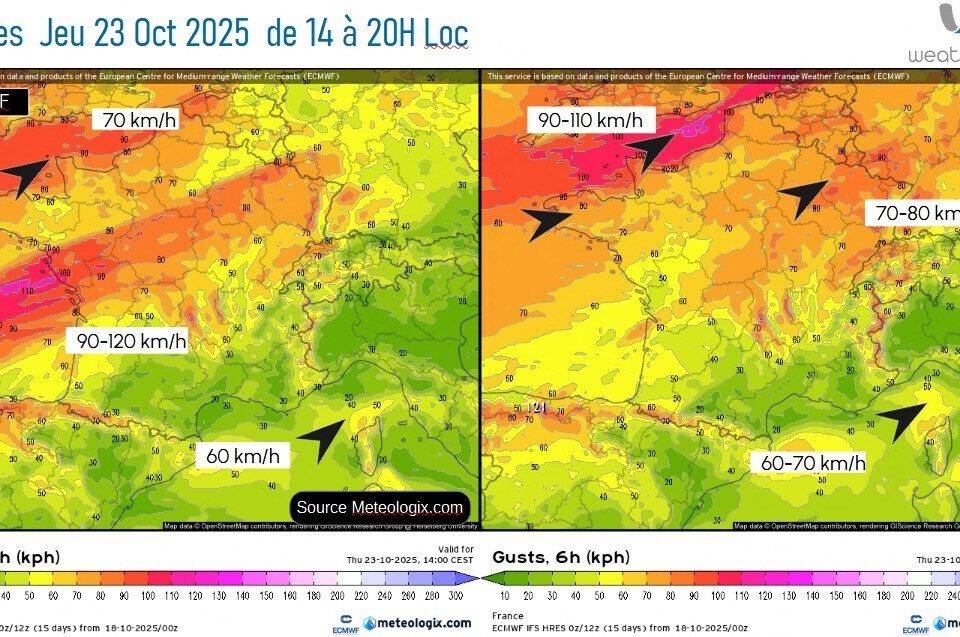Les rafales prévues jeudi 23 octobre en France.
