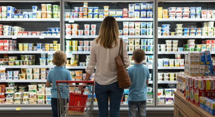 risques santé des produits laitiers pour enfants riches en sucres additifs et graisses saturées Ma Santé Une mère et ses enfants hésitent devant un rayon de produits laitiers pour enfants, symbole d’un marketing attractif mais souvent trompeur selon Foodwatch.