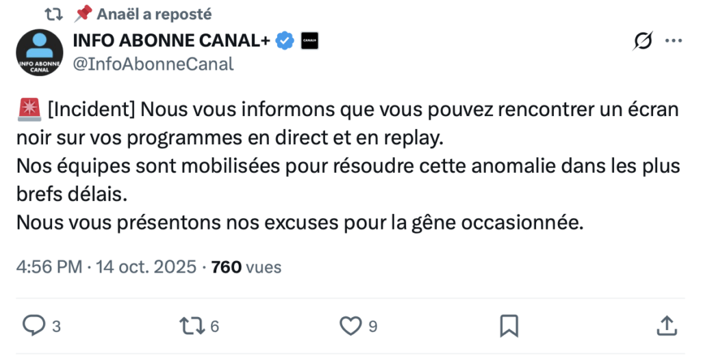 Le tweet de Canal+ confirme la panne. Le tweet de Canal+ confirme la panne.