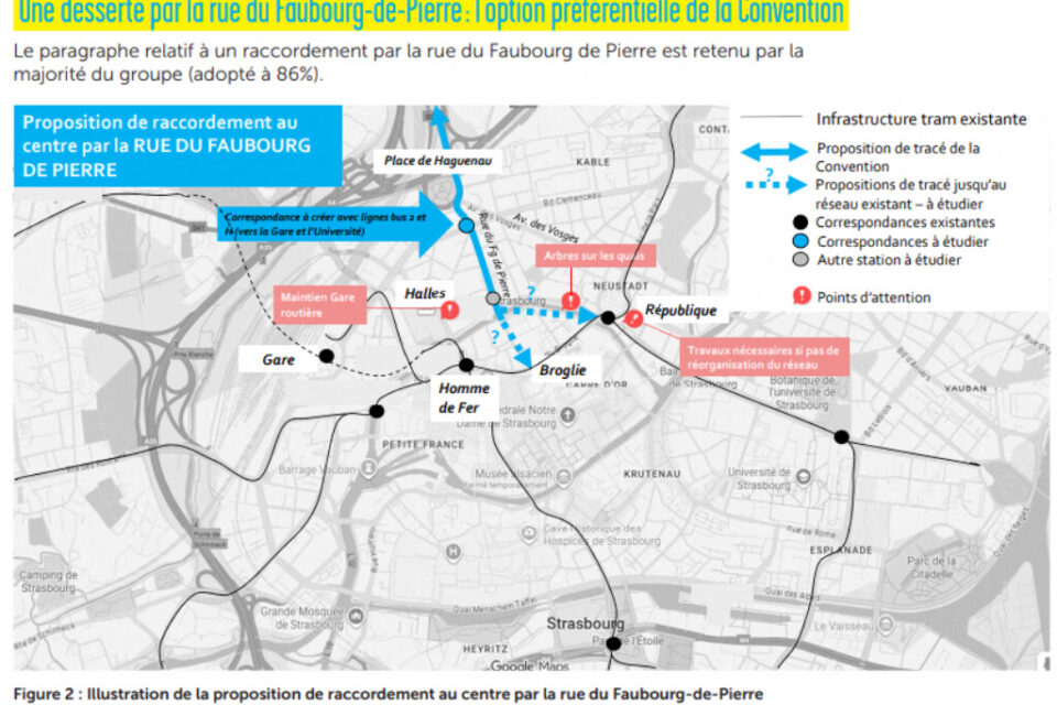 Le tracé préconisé par la convention citoyenne sur le tram nord concernant la partie centre.