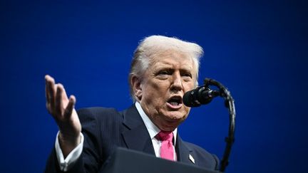 Donald Trump prononce un discours lors d'un forum économique à Washington, le 19 novembre 2025. (BRENDAN SMIALOWSKI / AFP)