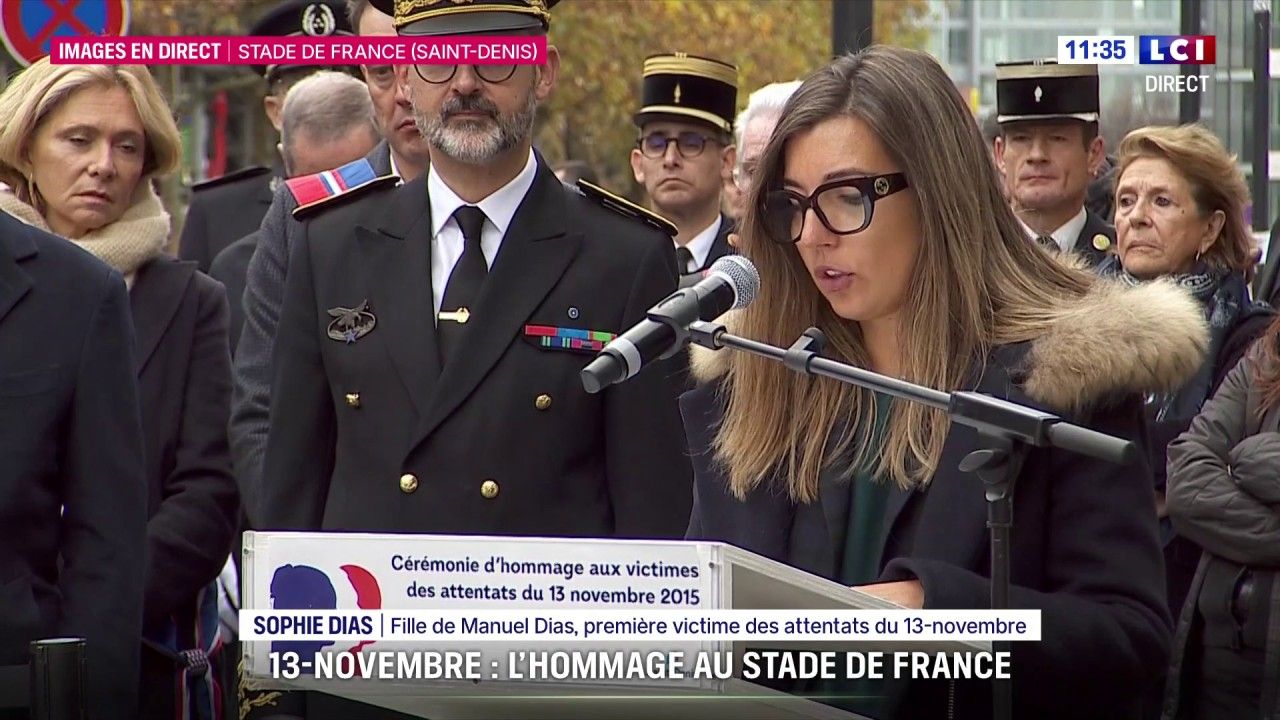 13-Novembre : hommage au stade de France, prise de parole de Sophie Dias, fille de Manuel Dias, première victime