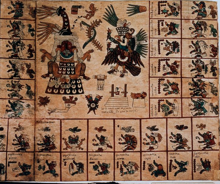 Representation des divinites azteques et de cases correspondant au calendrier. Page du manuscrit azteque sur ecorce "Codex Borbonicus", codex indigene precolombien du Mexique central, fin 15eme siecle. Bibliotheque de l'Assemblee nationale (Palais Bourbon). (Photo by Photo Josse / Bridgeman Images via AFP)
