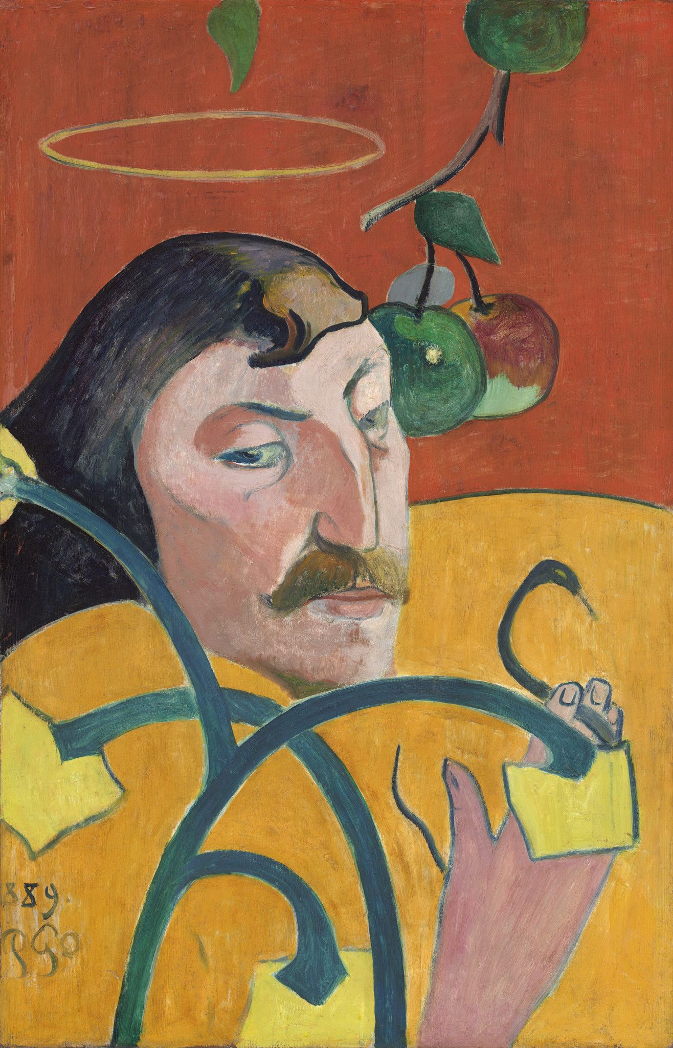 Autoportrait de Paul Gauguin, 1889, montrant l’artiste avec un fond rouge et des pommes suspendues.