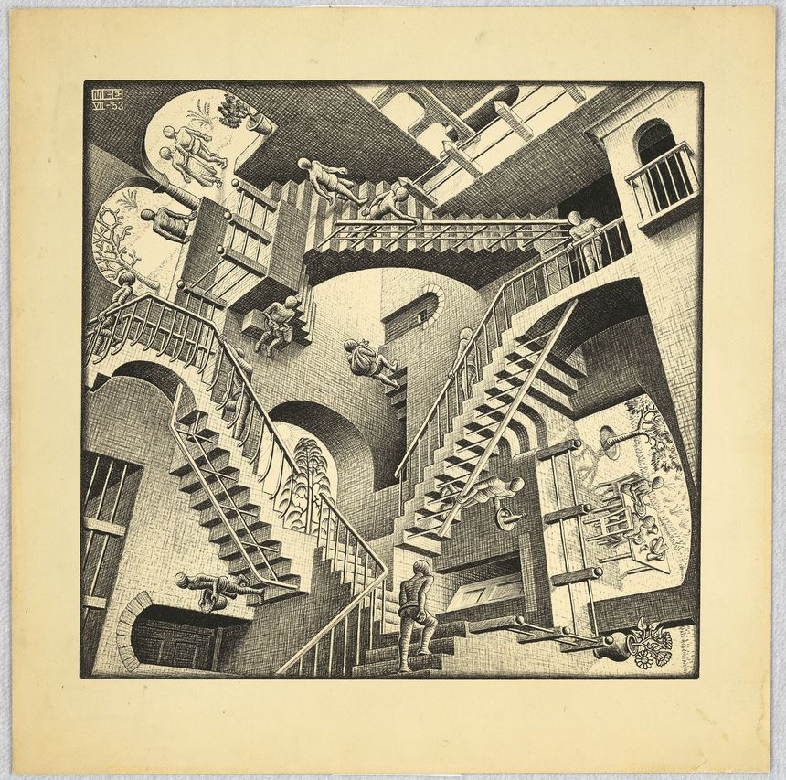 M.C. Escher, "Relativité", 1953 Lithographie, 277x292 mm, Collection M.C. Escher Heritage, Pays-Bas