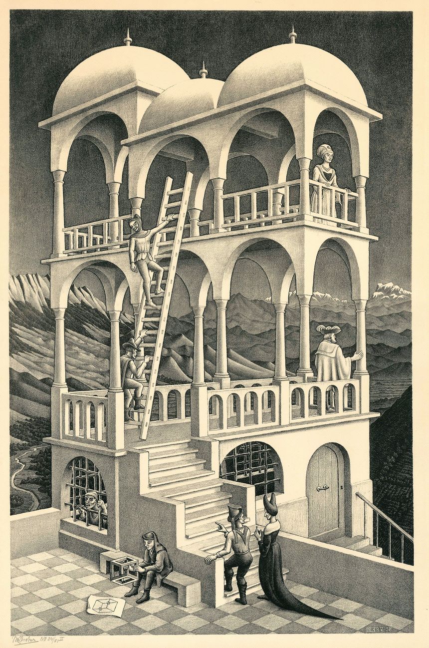 M.C. Escher, "Belvédère", 1958, Lithographie, 462x295 mm, Collection M.C. Escher Heritage, Pays-Bas, All M.C. Escher works