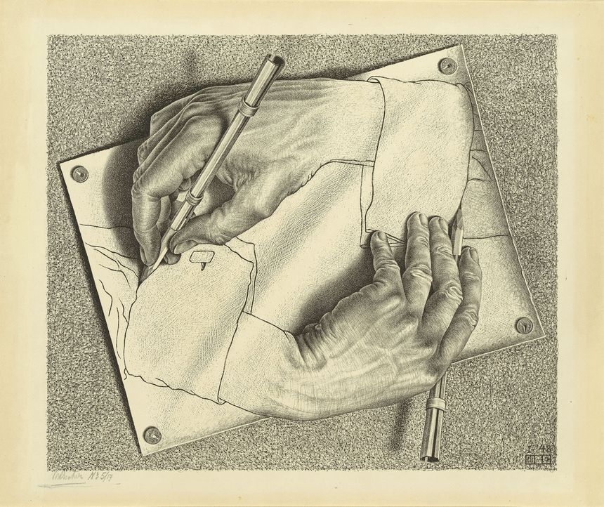 M.C. Escher, Mains dessinant, 1948, Lithographie, 282x332 mm, Collection M.C. Escher Heritage, Pays-Bas, All M.C. Escher works