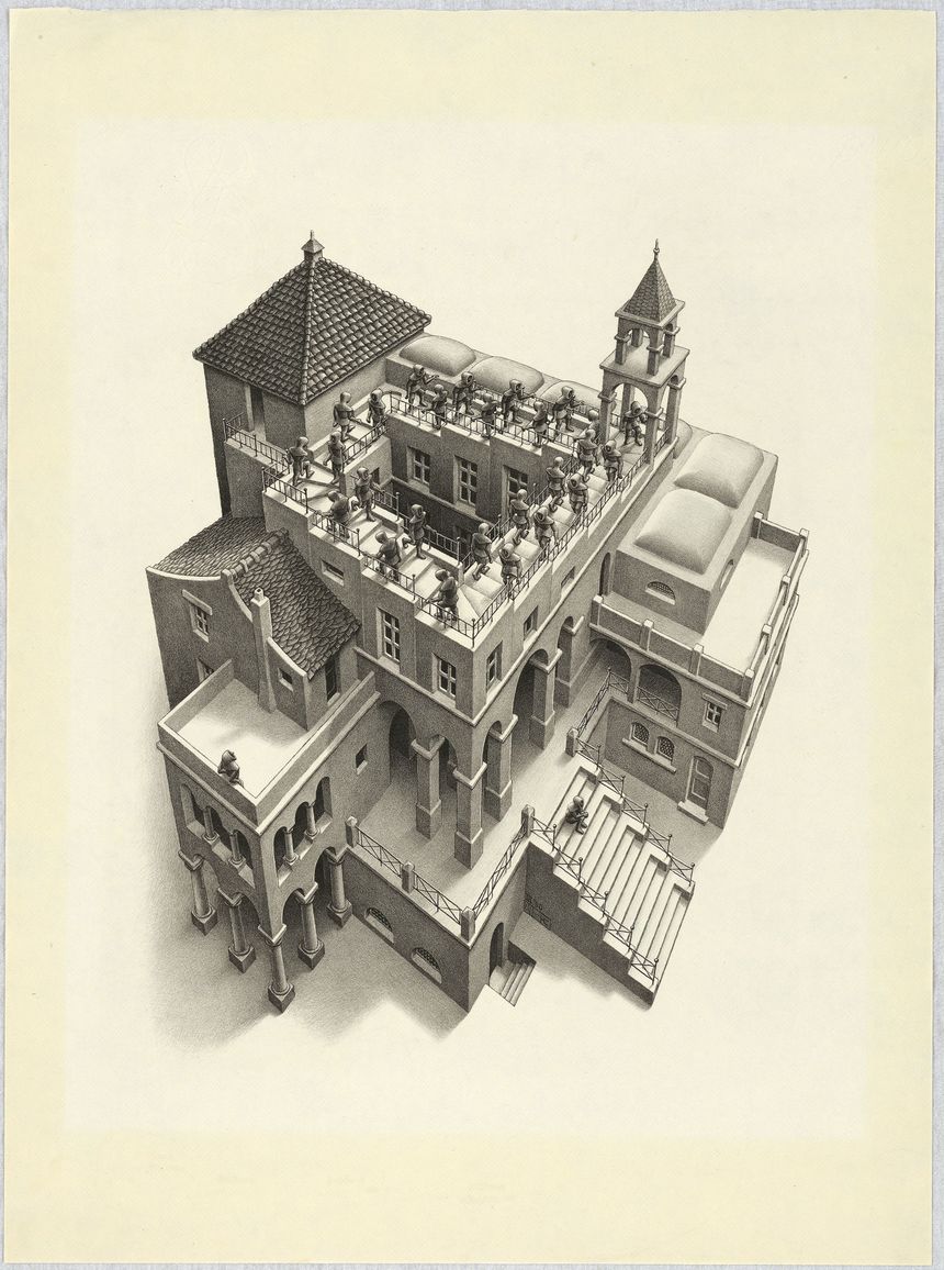 M.C. Escher, "Monter et descendre", 1960, Lithographie, 355x285 mm, Collection M.C. Escher Heritage, Pays-Bas
