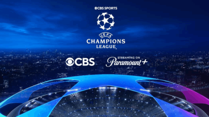 Logo Paramount+ avec le trophée de la Ligue des Champions UEFA, illustrant le renouvellement des droits de diffusion