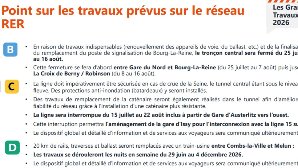 Calendrier des travaux dans le RER en 2026