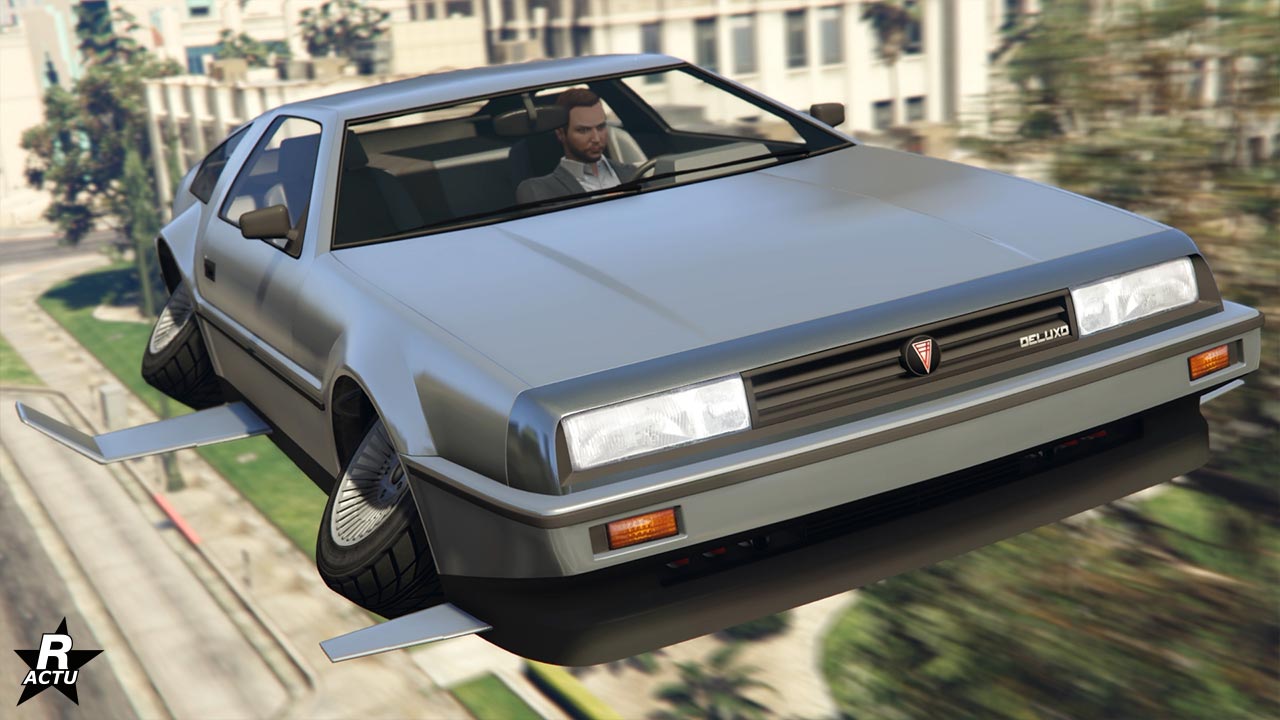 Vue avant de l'Imponte Deluxo, la voiture est en mode lévitation et sa carrosserie est grise.