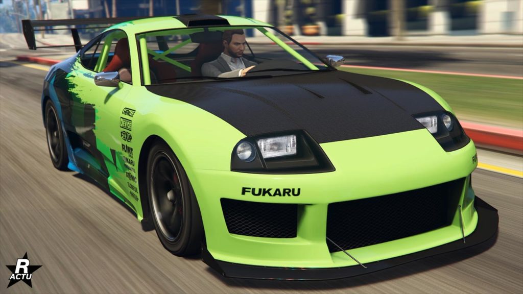 L'avant de la voiture Dinka Jester Classique dans GTA Online, la carrosserie est peinte en vert et son capot est en carbone.