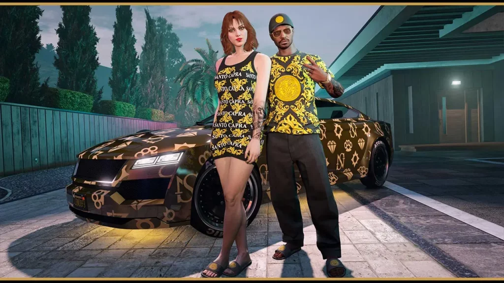 Deux joueurs de GTA Online portant les vêtements Santo Capra devant une voiture Revolter disposant du skin « Monogramme Sessanta Nove ». Il s'agit d'un visuel des récompenses du palier Black du programme VIP de la mise à jour Prix Luxury Real Estate. Les deux personnages se trouvent sur une allée en pierre taillés au bord de l'une des prochaines villas du DLC.