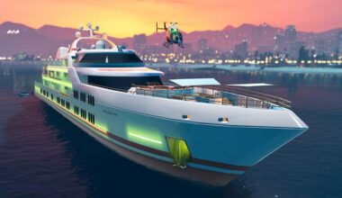 Un yacht dans GTA Online, un couché de soleil se trouve derrière avec la ville de Los Santos.