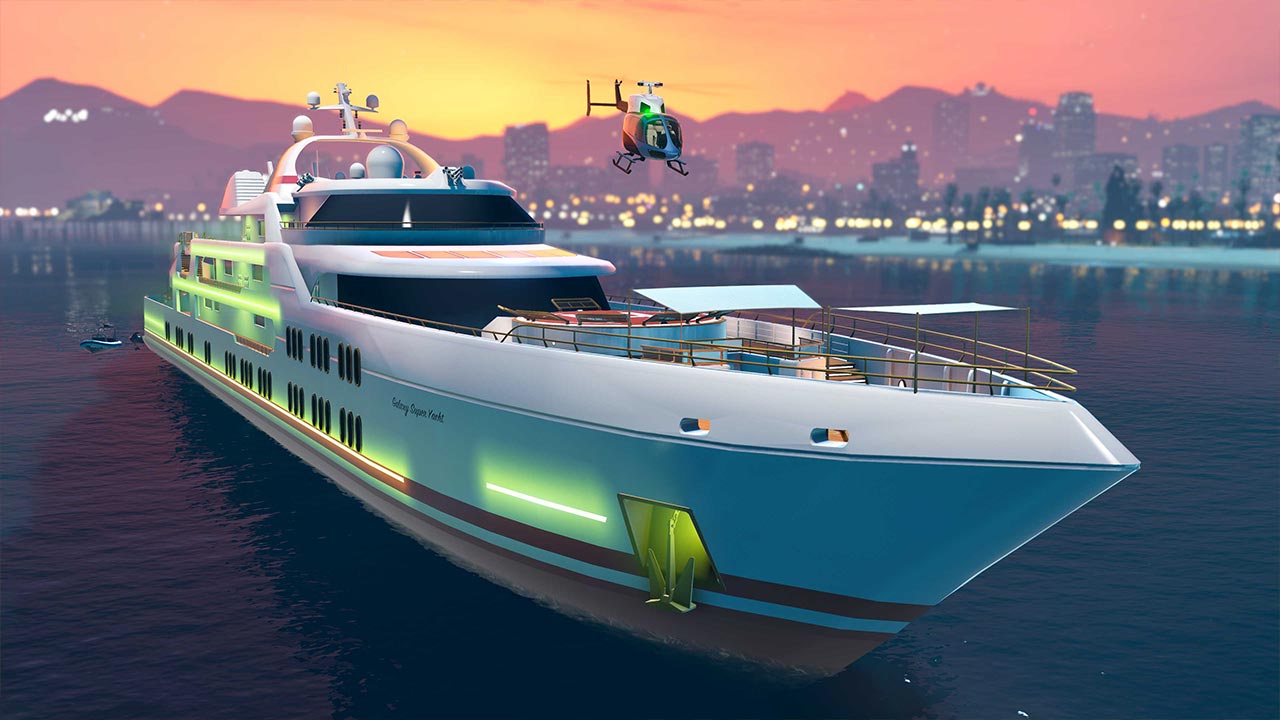 Un yacht dans GTA Online, un couché de soleil se trouve derrière avec la ville de Los Santos.