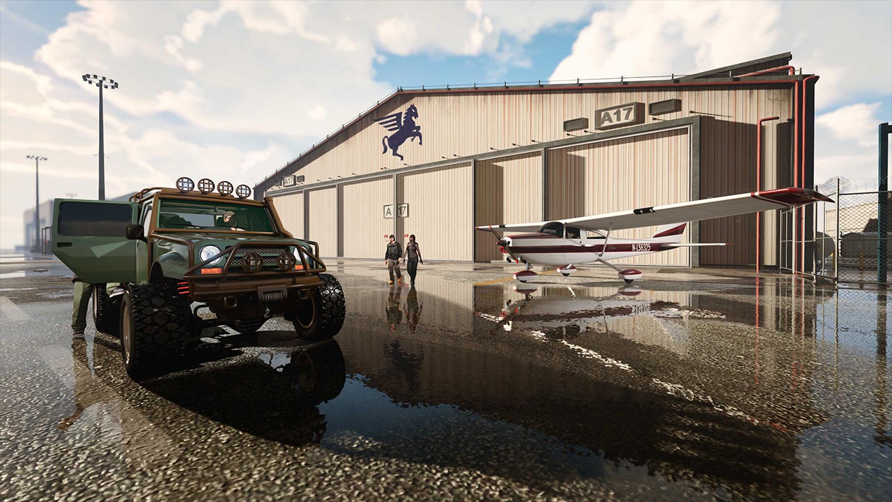 Une voiture Tout Terrain Canis Mesa et un avion Mammatus devant un hanger aérien dans l'aéroport de Los Santos du jeu vidéo GTA Online.