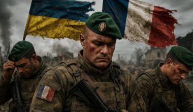 Des légionnaires français, épuisés mais déterminés, se tiennent devant les drapeaux français et ukrainien sur un champ de bataille ravagé, symbole de la tension franco-russe.