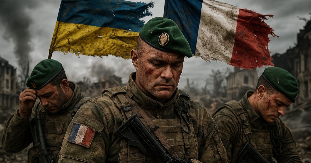 Des légionnaires français, épuisés mais déterminés, se tiennent devant les drapeaux français et ukrainien sur un champ de bataille ravagé, symbole de la tension franco-russe.