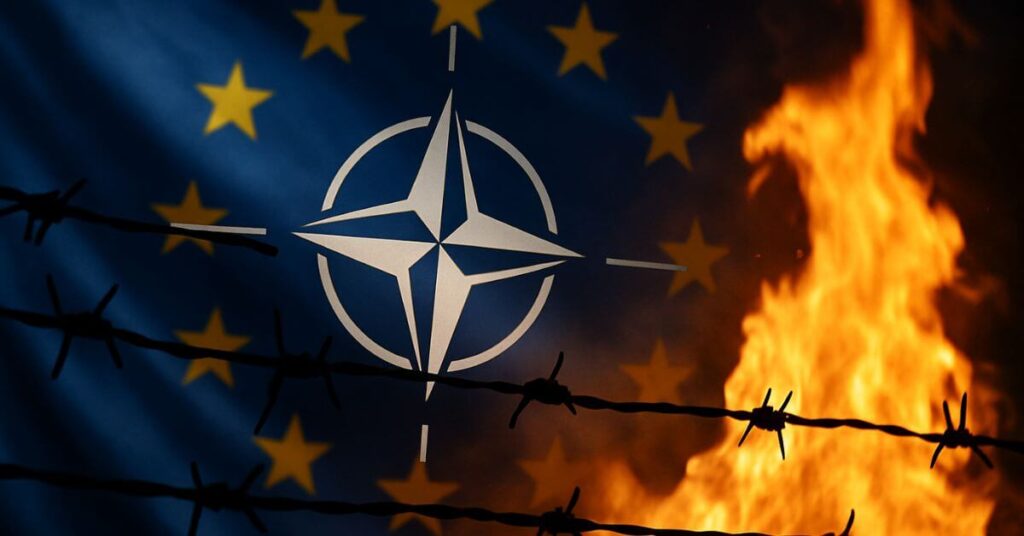 Drapeau de l’Union européenne mêlé à l’emblème de l’OTAN derrière des barbelés et des flammes, symbole des tensions autour de la défense européenne et de la souveraineté nationale.