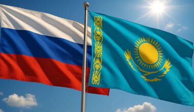 Drapeaux de la Russie et du Kazakhstan flottant côte à côte sous un ciel ensoleillé, symbole de leur alliance stratégique énergétique et géopolitique en Eurasie.