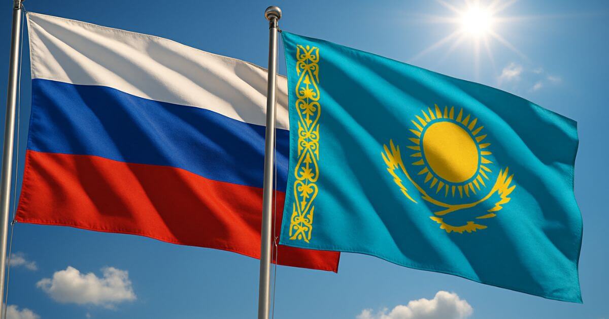Drapeaux de la Russie et du Kazakhstan flottant côte à côte sous un ciel ensoleillé, symbole de leur alliance stratégique énergétique et géopolitique en Eurasie.