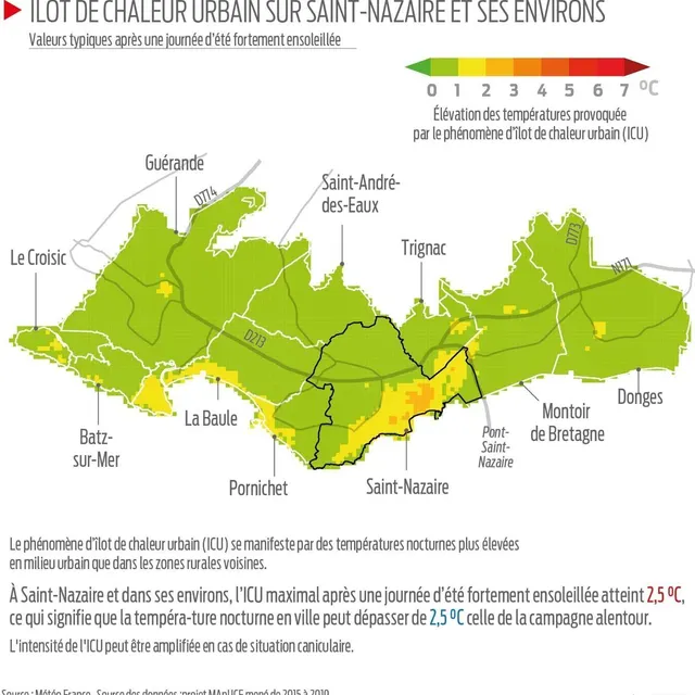 À Saint-Nazaire et dans ses environs, l’ICU maximal après une journée d’été fortement ensoleillée atteint 2,5 °C, ce qui signifie que la température nocturne en ville peut dépasser de 2,5 °C celle de la campagne alentour. Image Météo France - Presse Océan Cécile G. photo à saint-nazaire et dans ses environs, l’icu maximal après une journée d’été fortement ensoleillée atteint 2,5 °c, ce qui signifie que la température nocturne en ville peut dépasser de 2,5 °c celle de la campagne alentour. © image météo france - presse océan cécile g.