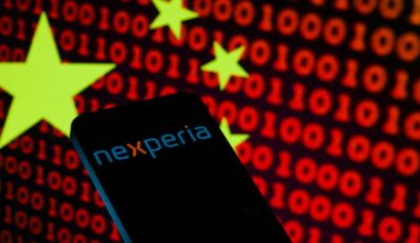 The Nexperia logo is displayed on a mobile phone in this photo illustration in Brussels, Belgium, on October 31, 2025. (Photo by Jonathan Raa/NurPhoto) (Photo by Jonathan Raa / NurPhoto via AFP)